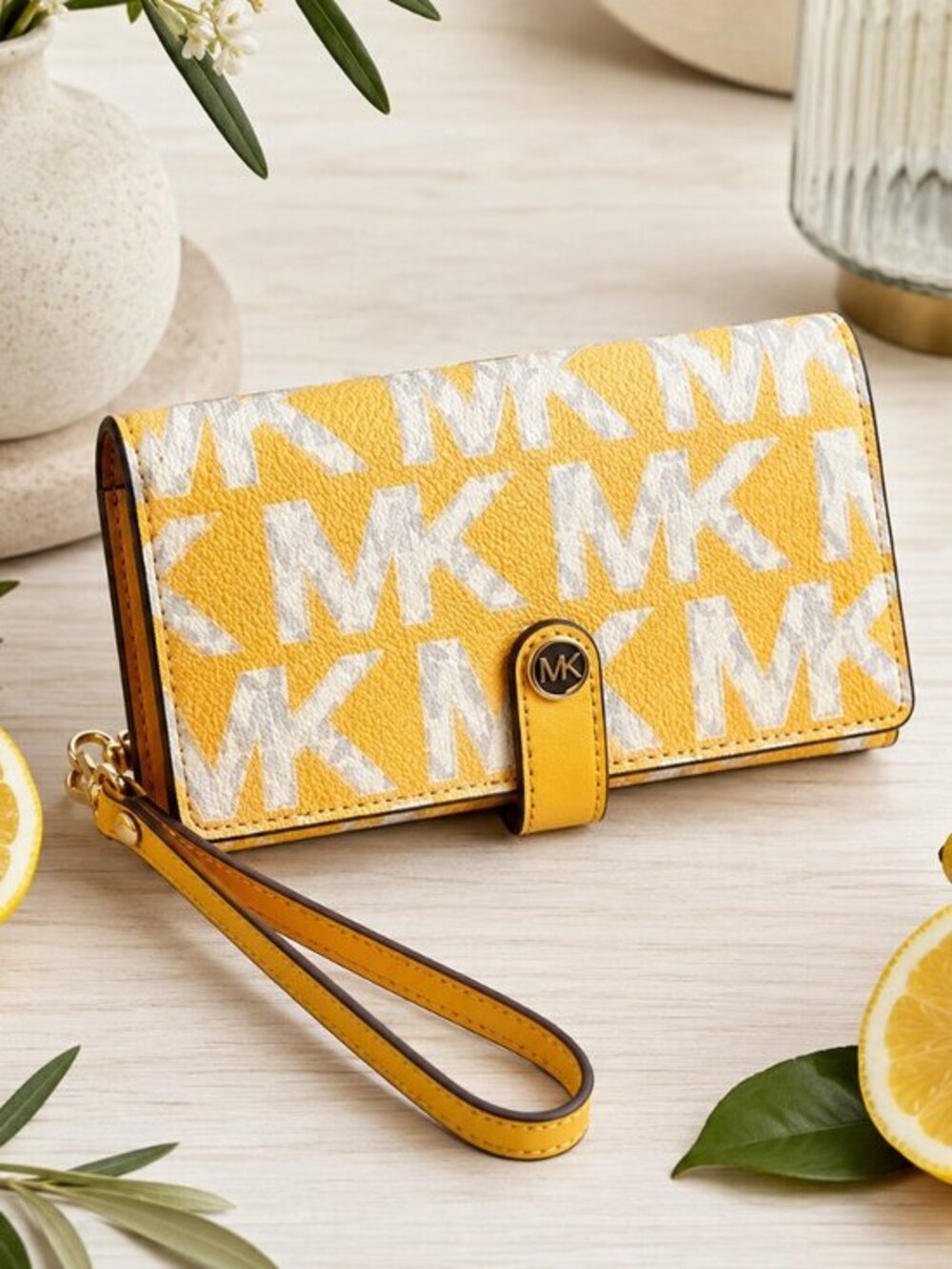 Michael Kors Yellow MK Monogram Wristlet Wallet Saffiano Leather NWT